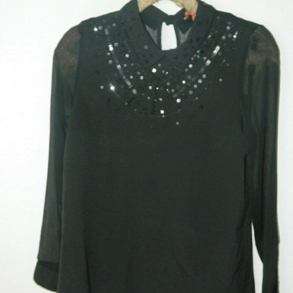 Modcloth Blouse Black Sheer Embellished Medium